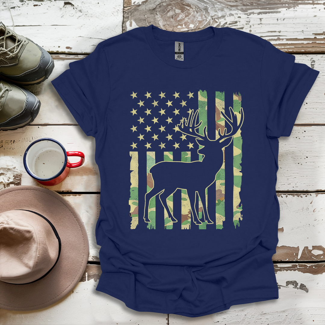 Deer Elk Buck Hunting Hunter Camo US Flag Dad T-Shirt