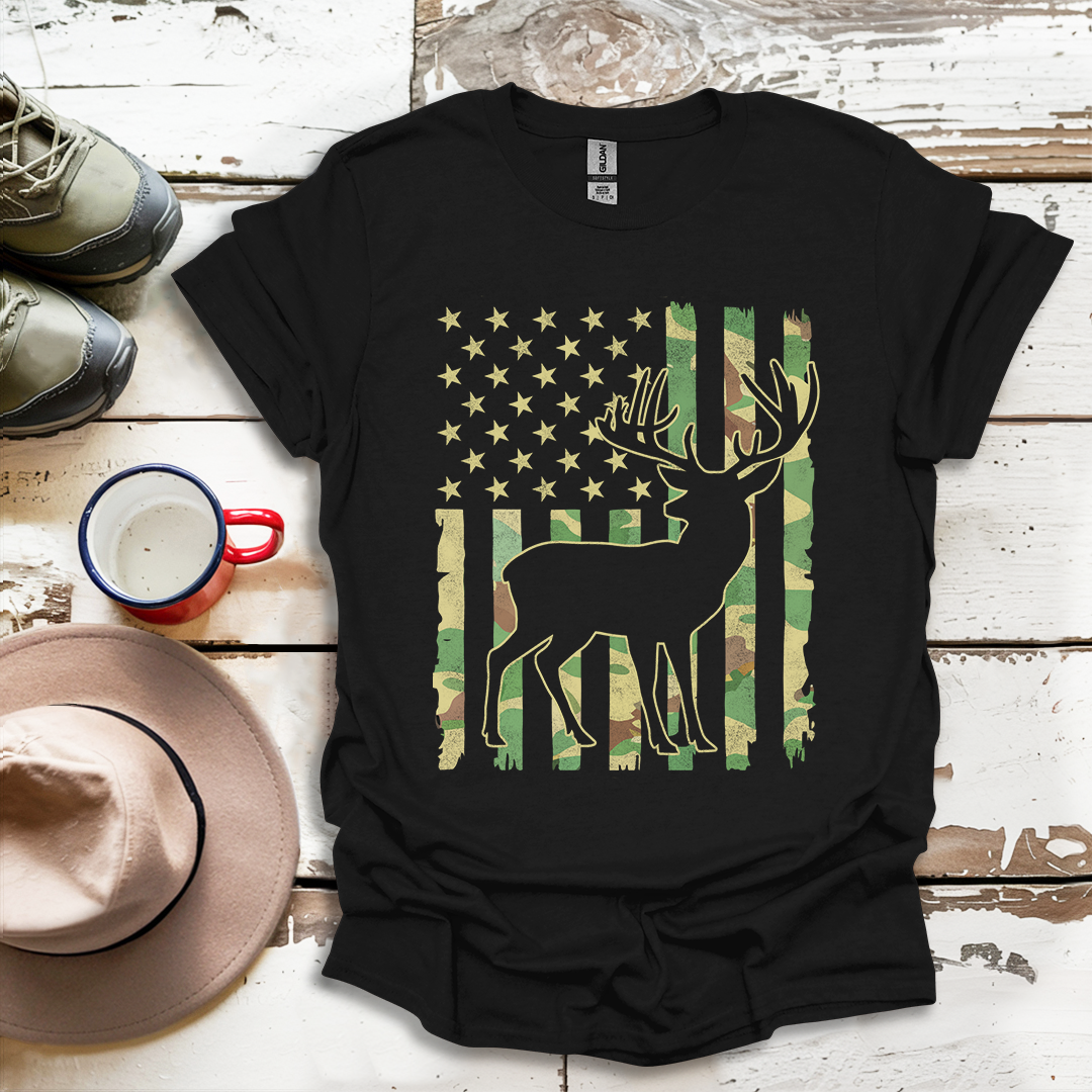 Deer Elk Buck Hunting Hunter Camo US Flag Dad T-Shirt