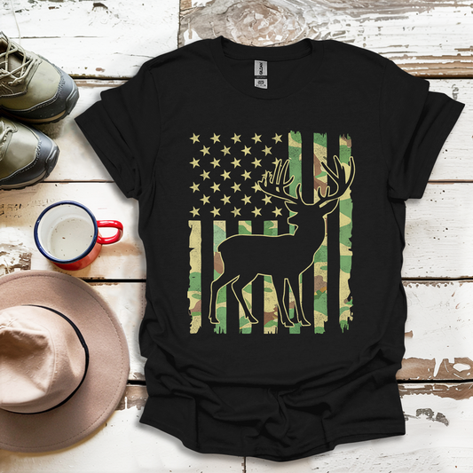 Deer Elk Buck Hunting Hunter Camo US Flag  Dad T-Shirt