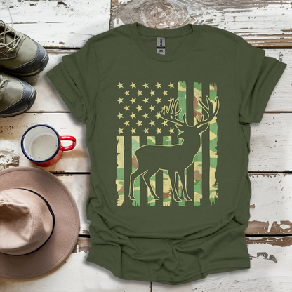 Deer Elk Buck Hunting Hunter Camo US Flag  Dad T-Shirt