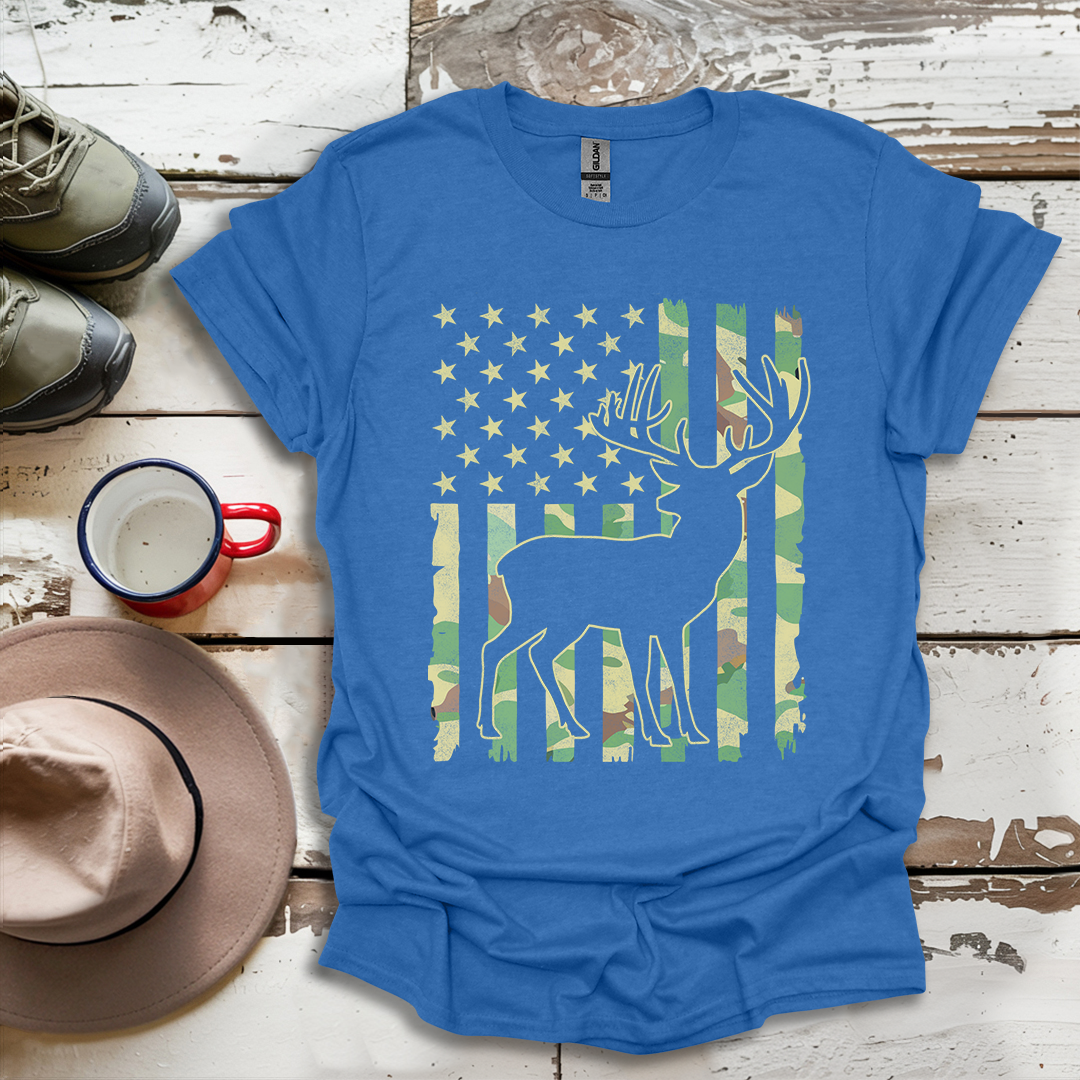 Deer Elk Buck Hunting Hunter Camo US Flag  Dad T-Shirt