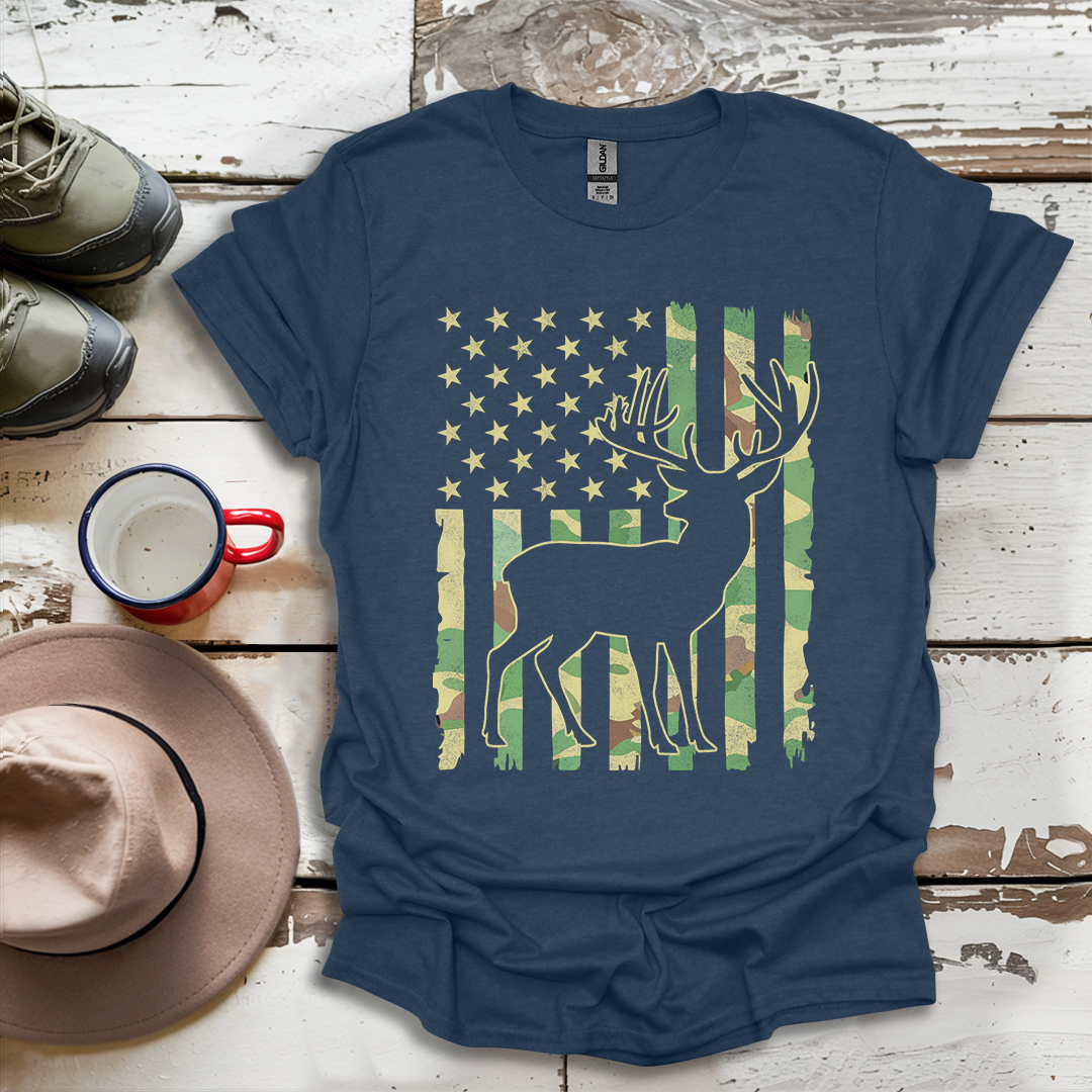 Deer Elk Buck Hunting Hunter Camo US Flag  Dad T-Shirt