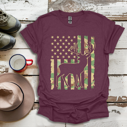 Deer Elk Buck Hunting Hunter Camo US Flag  Dad T-Shirt