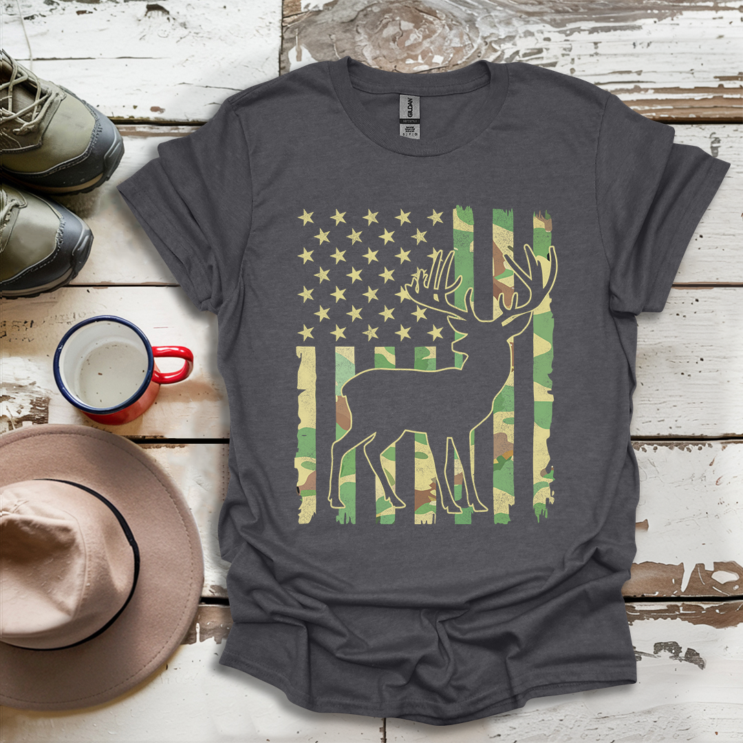 Deer Elk Buck Hunting Hunter Camo US Flag  Dad T-Shirt