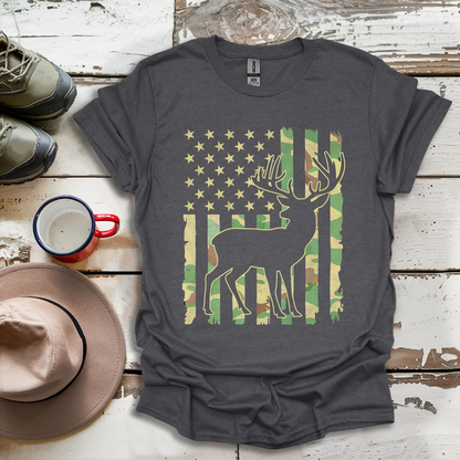 Deer Elk Buck Hunting Hunter Camo US Flag  Dad T-Shirt